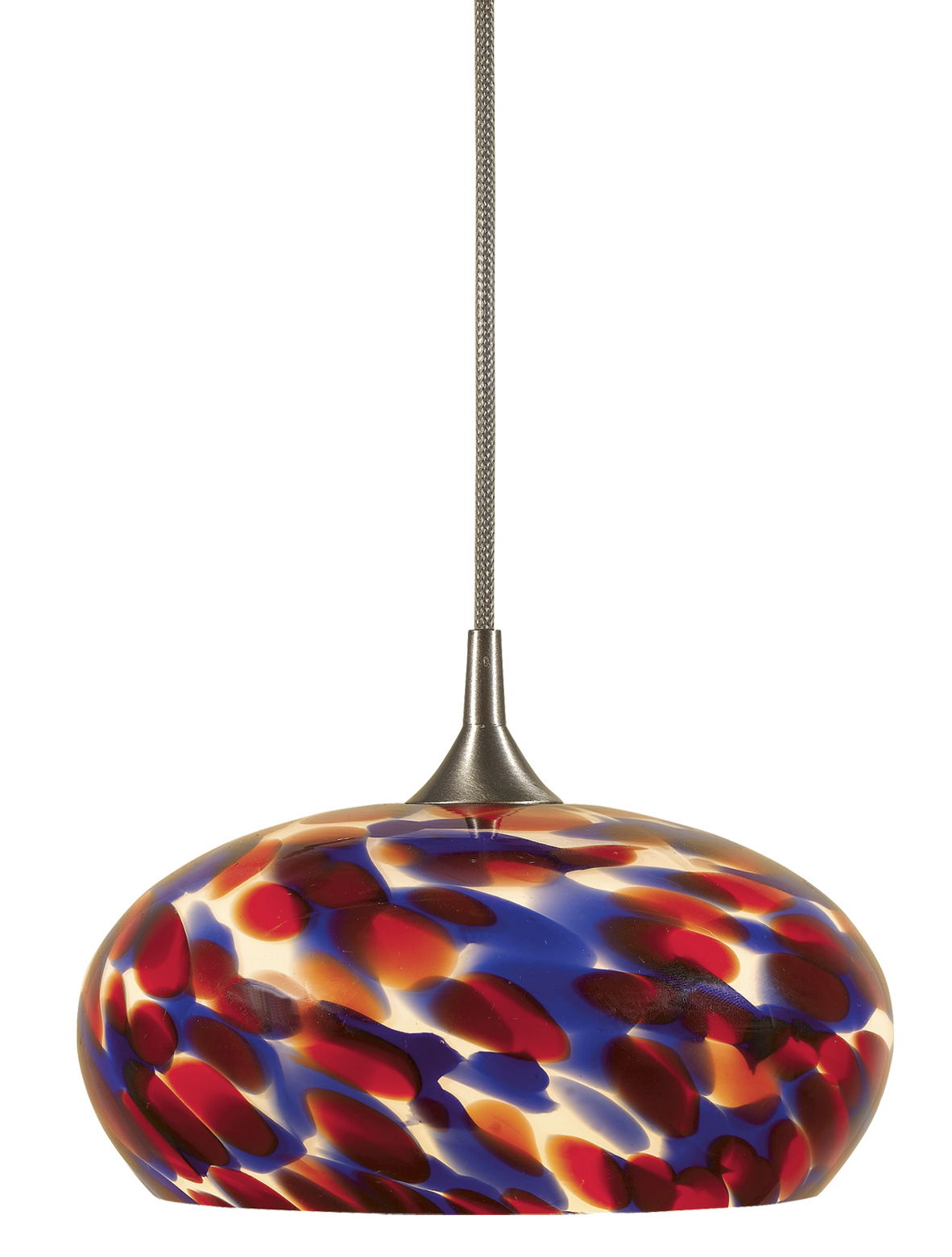 4.9" Height Glass and Metal Pendant With Brushed Steel Cord - Red Blue Spot