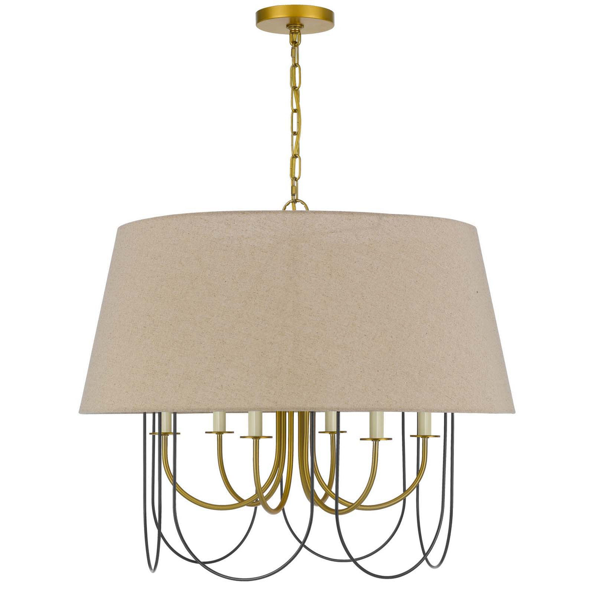 Eupora - 60W X 6 Metal Chandelier With Burlap Shade - Antique Brass / Black