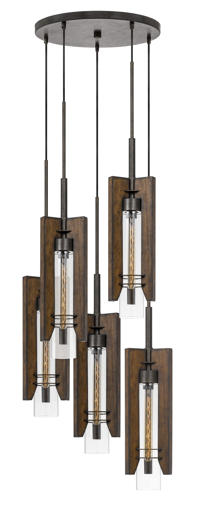 Almeria - 38" Height Wood and Metal Pendants - Wood Color - 5 Light
