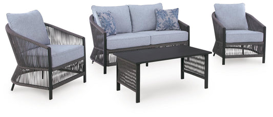Bridges Beach - Loveseat, Lounge Chairs, Table Set (Set of 4) - Gray