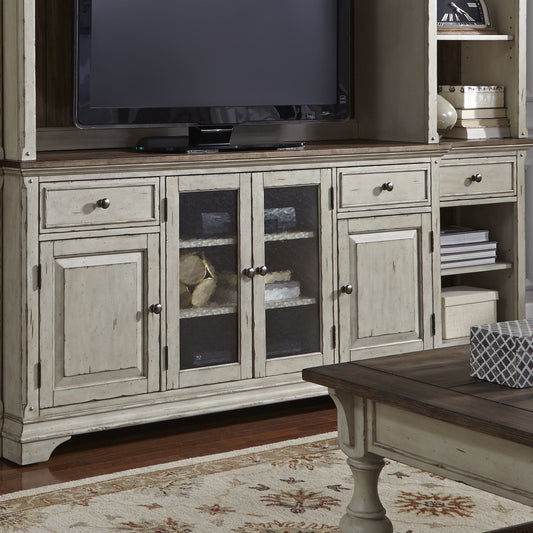 Morgan Creek - Entertainment TV Stand - Antique White / Wirebrushed Tobacco Accents