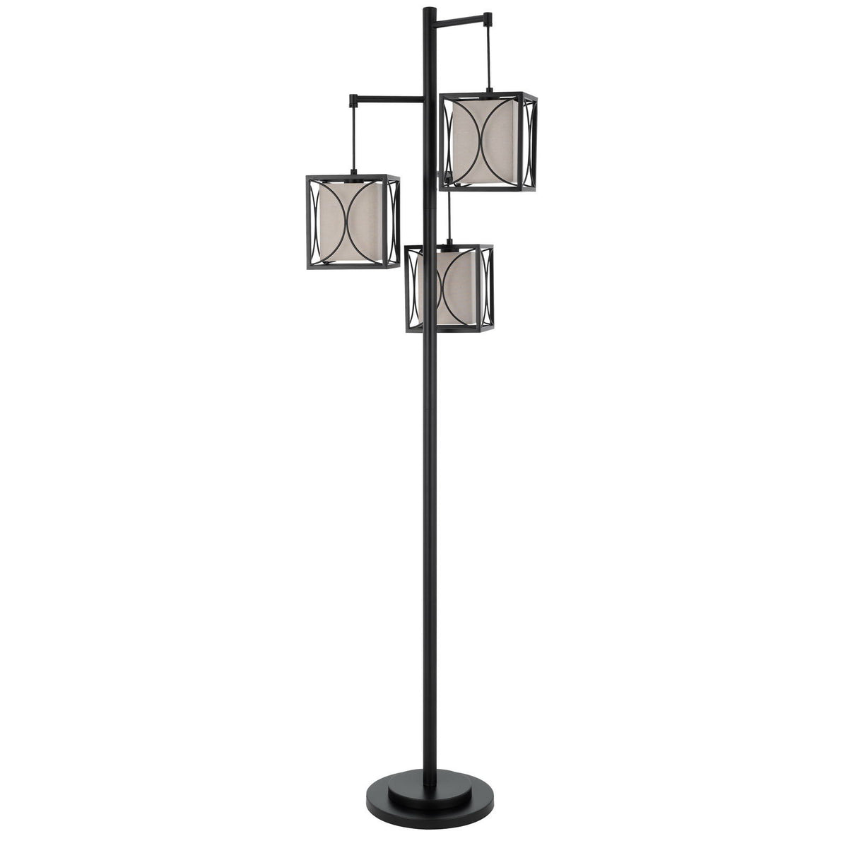 Lantern - 60W X 3 Metal Floor Lamp With Metal Framed Fabric Shades - Black Iron / Light Gray