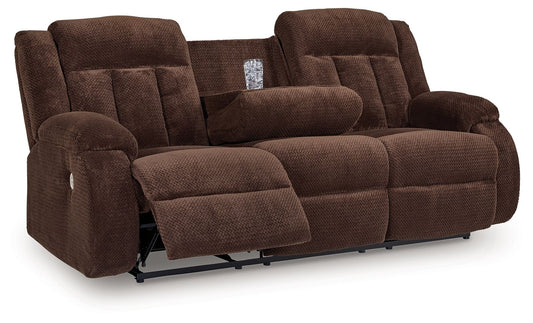 Free Wake - Reclining Power Sofa With Drop Down Table - Chocolate
