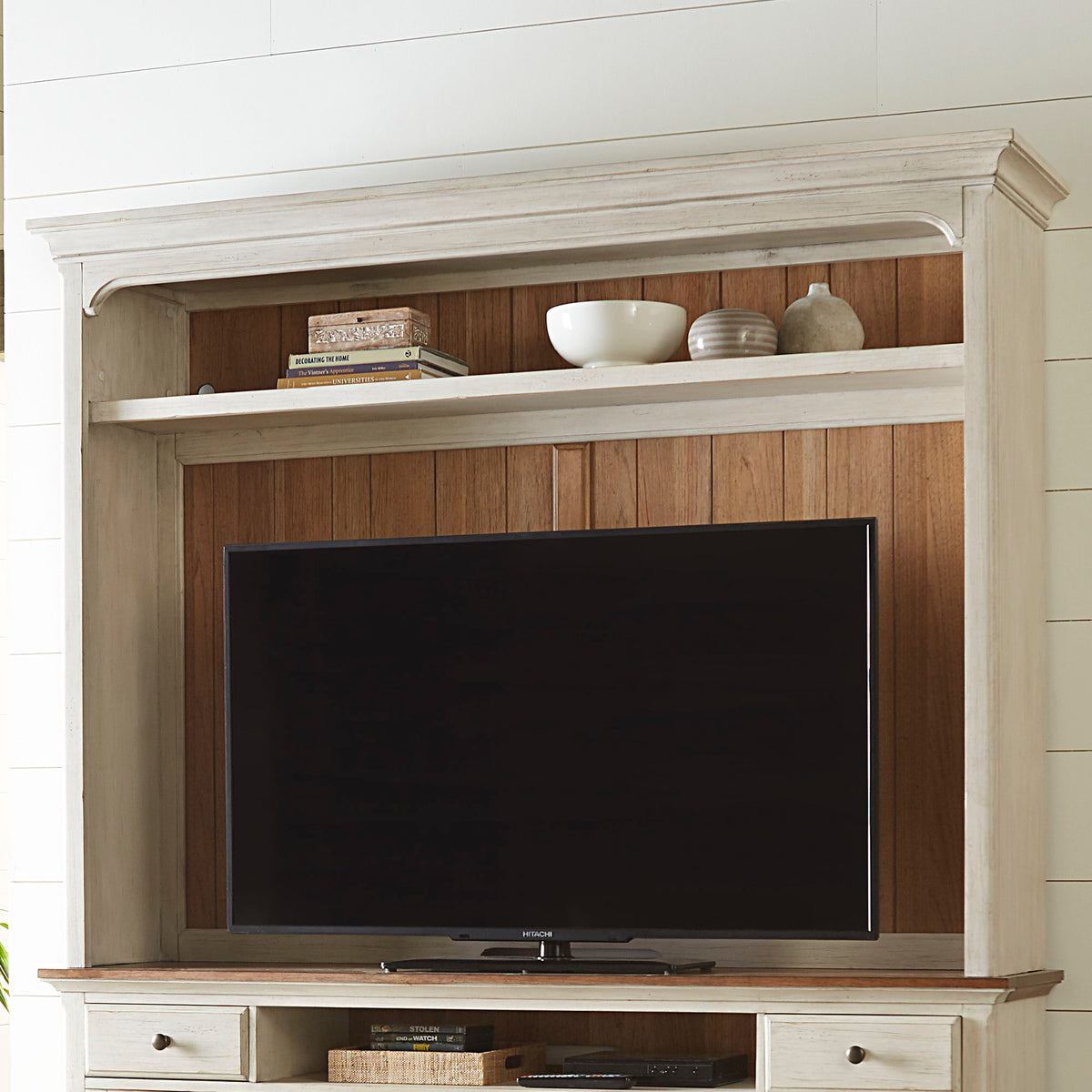 Farmhouse Reimagined - Entertainment Hutch - Antique White / Chestnut Tops
