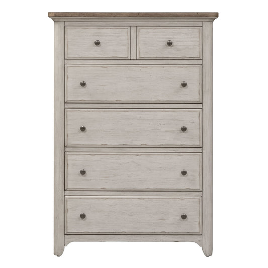 Farmhouse Reimagined - 5 Drawer Chest - Antique White / Chestnut Tops