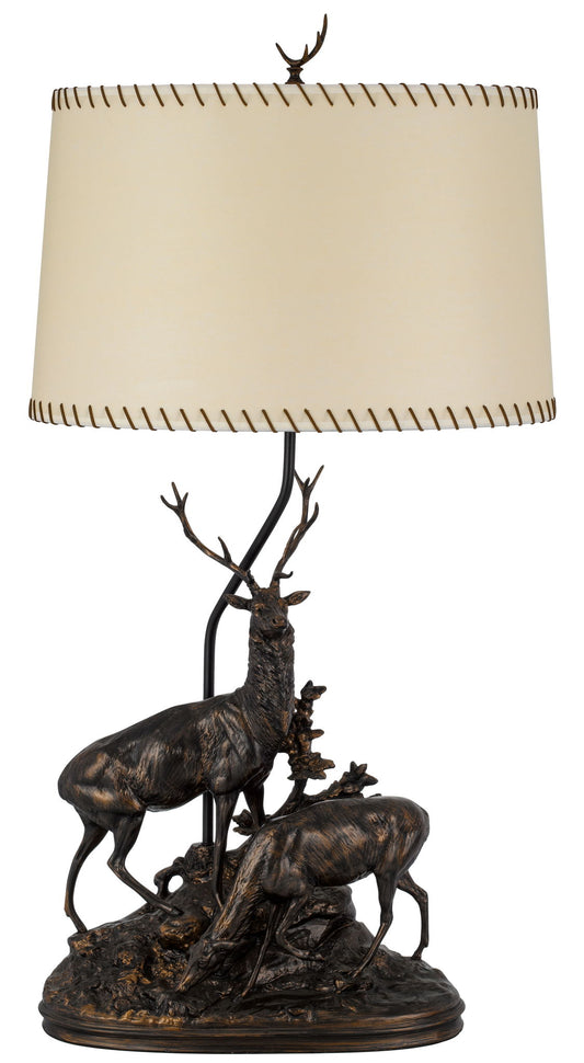 Deer - Pair Resin Table Lamp - Antique Bronze With Stitched Shade