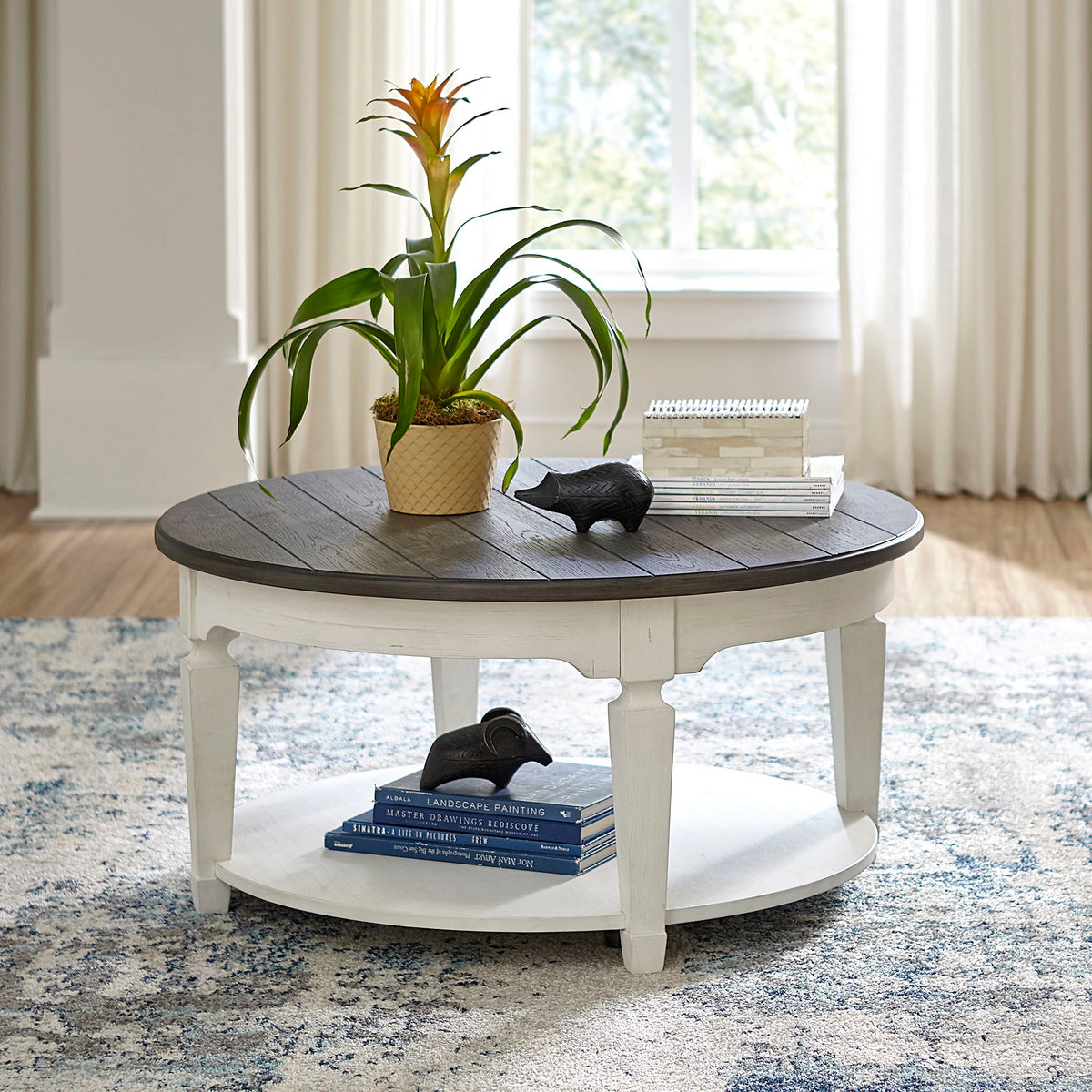 Allyson Park - Round Cocktail Table - Wirebrushed White / Charcoal