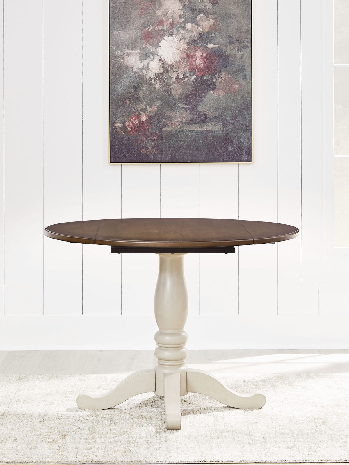 Wirloni - Round Dining Room Drop Leaf Table - Antique White / Brown