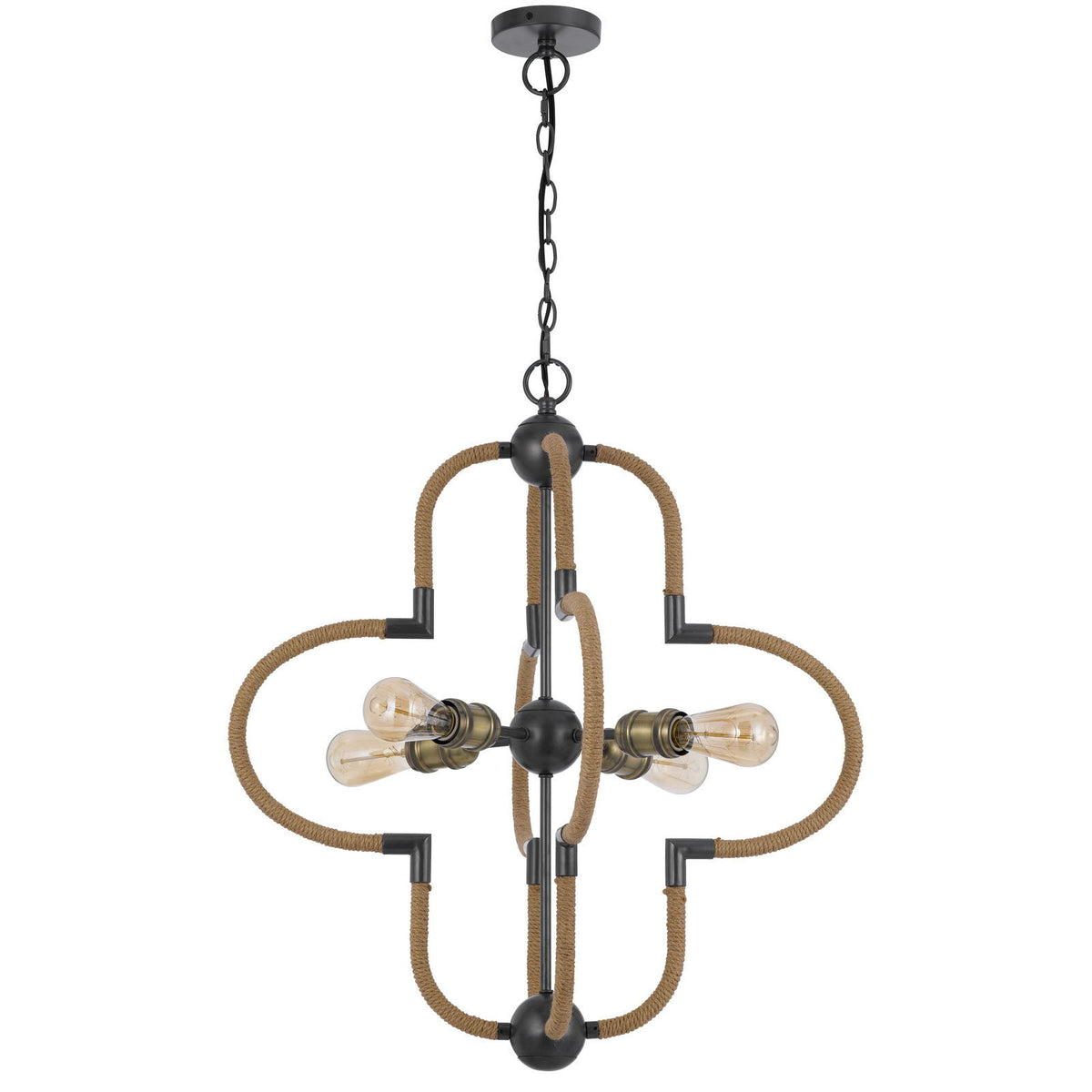 Tahoka - 60W X 4 Metal Chandelier With Burlap Wrapped Frame - Burlap / Black Iron / Antique Brass