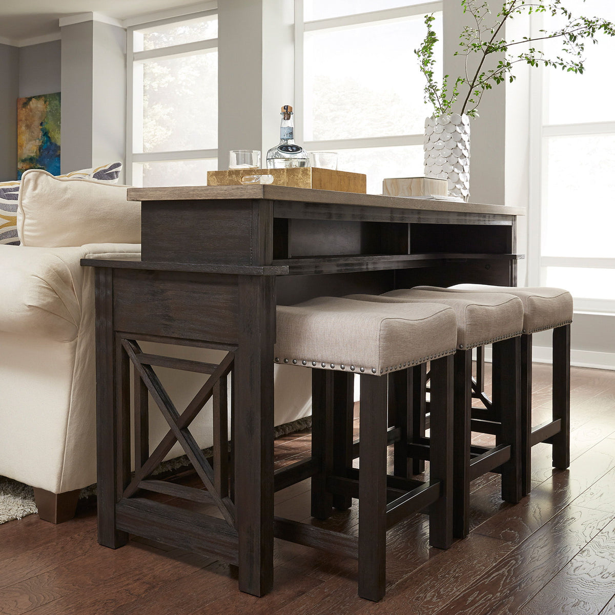Heatherbrook - 4 Piece Console Set (1 Console 3 Stools) - Charcoal & Ash