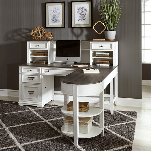 Allyson Park - L Shaped Desk With Hutch - Wirebrushed White / Charcoal